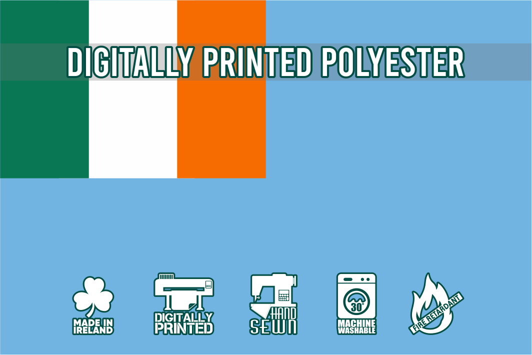Digital representation of a flag with text 'Digitally Printed Polyester' and Made in Ireland and machine washable icons on the image of the flag.