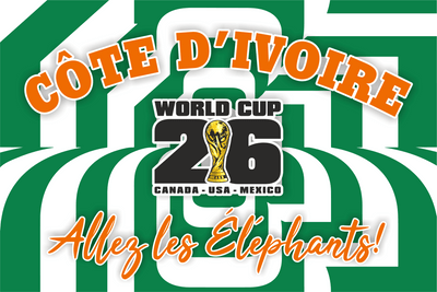 Cote d'Ivoire World Cup 2026 promotional graphic with green and white stripes.