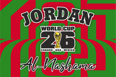 Promotional graphic for Jordan World Cup 2026 with red and green stripes and a trophy icon.