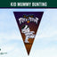A triangular pennant flag design for 'Kid Mummy Bunting' featuring a cartoon mummy character and the text 'Trick or Treat' on a dark purple-to-brown gradient background, shown against a light blue sky backdrop with a green banner at the top.