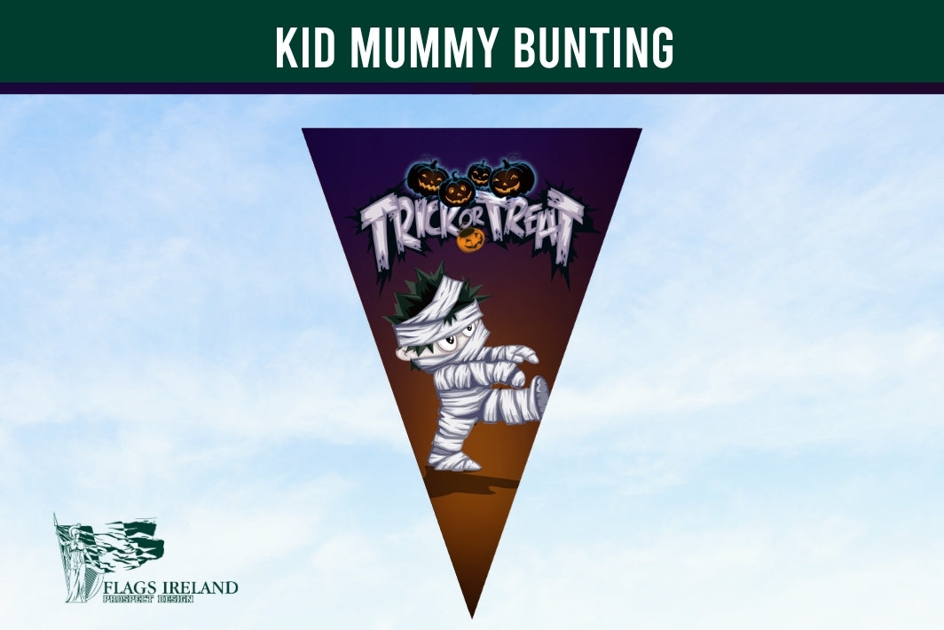 A triangular pennant flag design for 'Kid Mummy Bunting' featuring a cartoon mummy character and the text 'Trick or Treat' on a dark purple-to-brown gradient background, shown against a light blue sky backdrop with a green banner at the top.