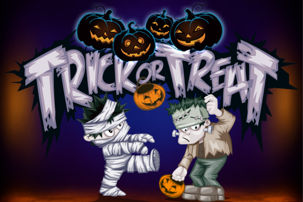 Halloween-themed graphic with the words 'Trick or Treat' in large stylized letters, several glowing jack-o'-lanterns above, and two cartoon monsters—a mummy and Frankenstein's monster—standing on a dark purple background.