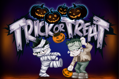 Halloween-themed graphic with the words 'Trick or Treat' in large stylized letters, several glowing jack-o'-lanterns above, and two cartoon monsters—a mummy and Frankenstein's monster—standing on a dark purple background.