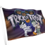 A Halloween-themed flag on a white pole, featuring the words 'Trick or Treat' in large white letters over a dark purple background, with illustrated pumpkins, a mummy, and Frankenstein's monster.