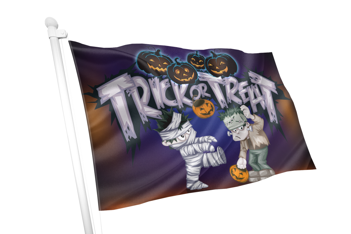 A Halloween-themed flag on a white pole, featuring the words 'Trick or Treat' in large white letters over a dark purple background, with illustrated pumpkins, a mummy, and Frankenstein's monster.