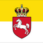 Kingdom of Hanover Flag. A square flag design with a yellow upper half, white lower half, and a central red shield containing a white rearing horse beneath a multicolored crown.