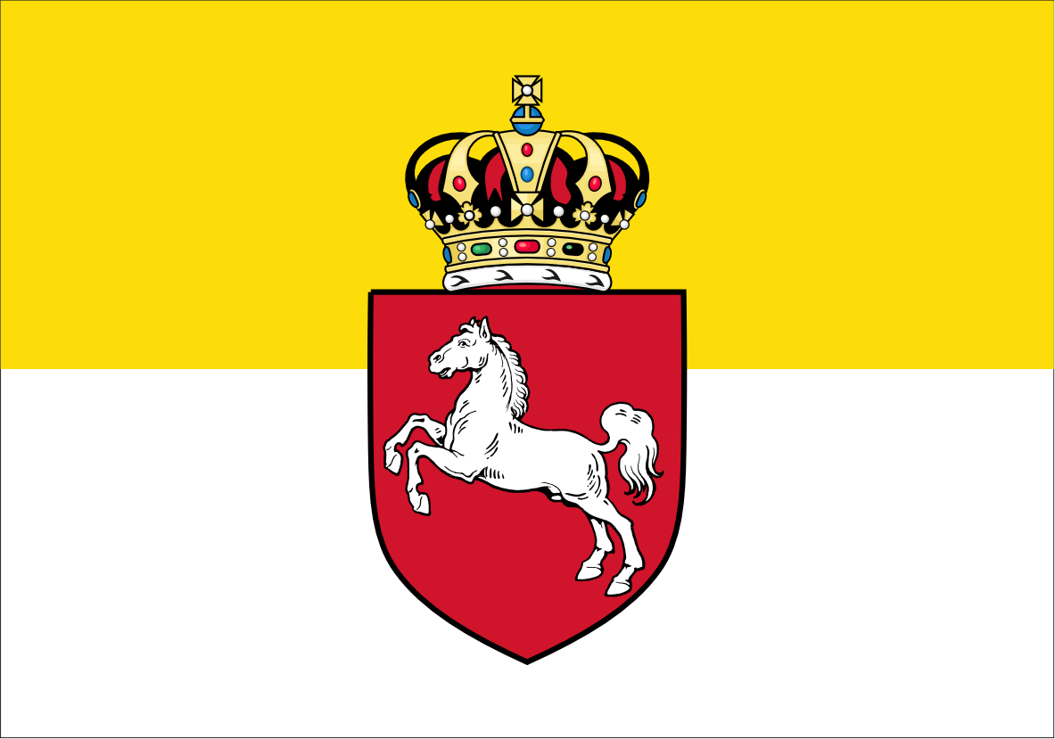 Kingdom of Hanover Flag. A square flag design with a yellow upper half, white lower half, and a central red shield containing a white rearing horse beneath a multicolored crown.