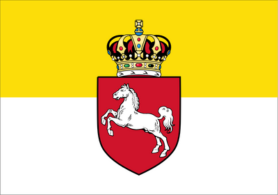 Kingdom of Hanover Flag. A square flag design with a yellow upper half, white lower half, and a central red shield containing a white rearing horse beneath a multicolored crown.