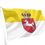 Kingdom of Hanover Flag. A flag on a white pole with a yellow upper half, a white lower half, and a red shield containing a white horse beneath a crown, shown on a plain white background.