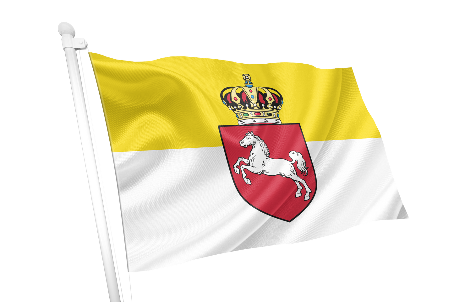 Kingdom of Hanover Flag. A flag on a white pole with a yellow upper half, a white lower half, and a red shield containing a white horse beneath a crown, shown on a plain white background.