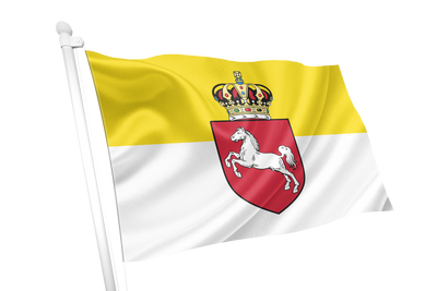 Kingdom of Hanover Flag. A flag on a white pole with a yellow upper half, a white lower half, and a red shield containing a white horse beneath a crown, shown on a plain white background.