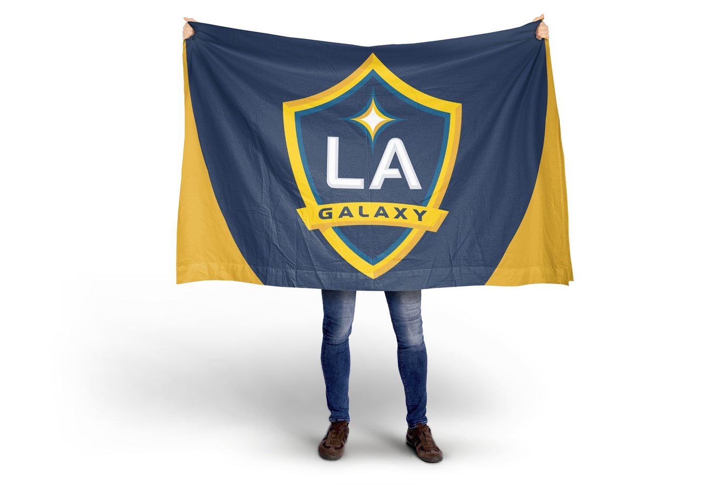 Person holding a LA Galaxy flag on a white background