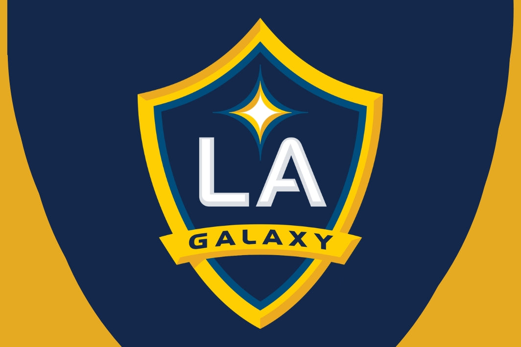 LA Galaxy logo on a blue and yellow background. 