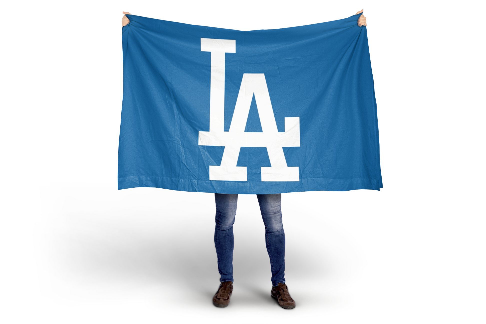 Person holding a blue flag with a white logo on a white background