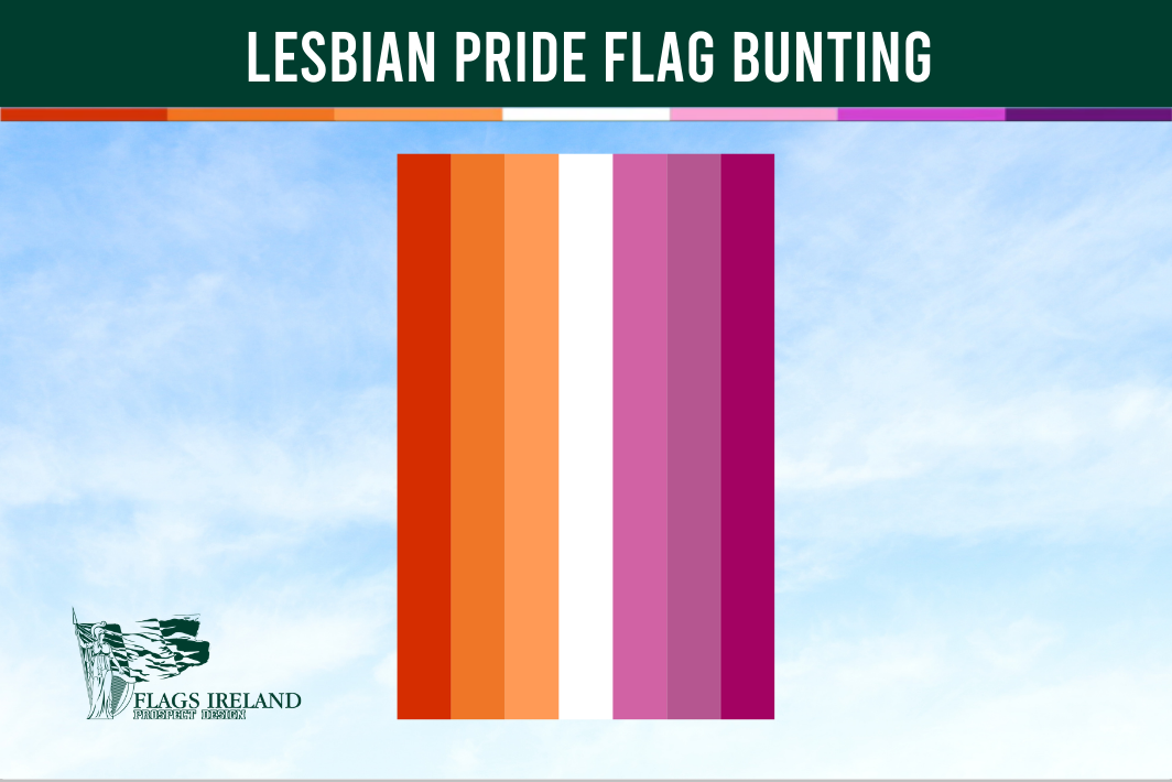 A vertical flag with seven stripes in shades of orange, white, and pink, representing the Lesbian Pride Flag.