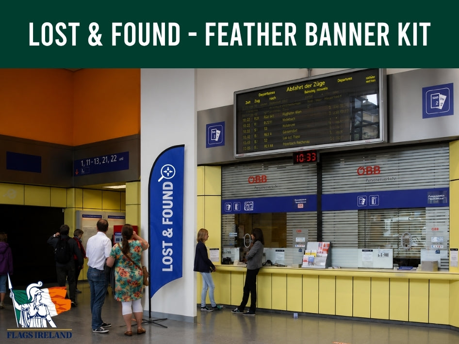 Lost & Found counter with people around, featuring a banner with 'Lost & Found' text.