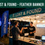 Lost & Found event with people interacting at a booth and a feather banner kit displayed.