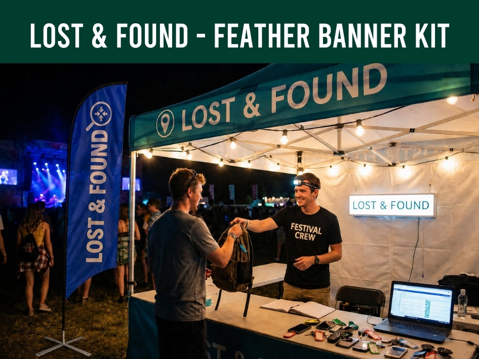 Lost & Found event with people interacting at a booth and a feather banner kit displayed.