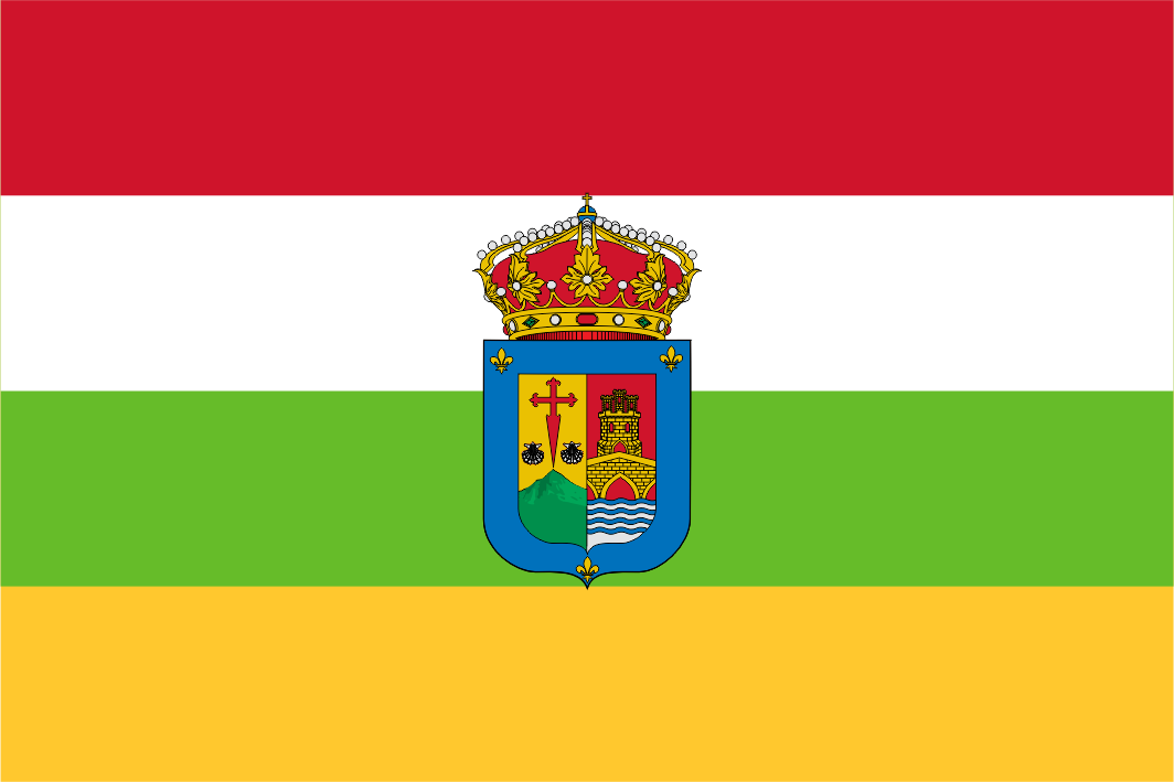 Flag with a coat of arms in the center, featuring red, white, green, and yellow horizontal stripes.