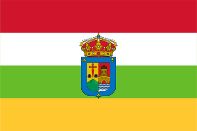Flag with a coat of arms in the center, featuring red, white, green, and yellow horizontal stripes.