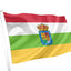 Flag with red, white, green, and yellow horizontal stripes and a coat of arms in the center on a white background.