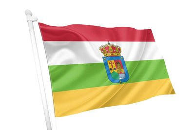 Flag with red, white, green, and yellow horizontal stripes and a coat of arms in the center on a white background.