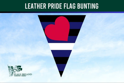 Leather Pride Flag Bunting with a heart design against a blue sky background, featuring the Flags Ireland logo.