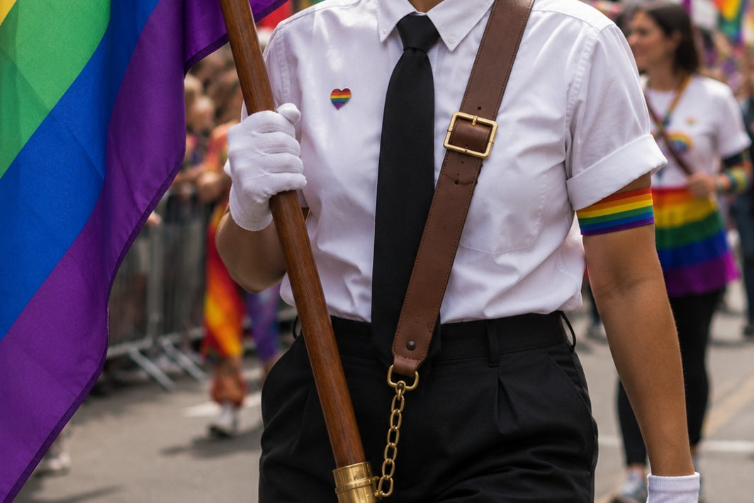 A person at a pride parade wearing a white button-up shirt, black tie, black trousers, white gloves, and a brown leather suspenders with gold hardware. They are holding a wooden pole with a rainbow pride flag and wearing a small rainbow heart pin on the chest.