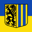 Leipzig Flag. A shield-shaped coat of arms centered on a two-color background, with a black lion rampant on yellow on the left half and blue vertical stripes on the right half. The background behind the shield is split horizontally into blue on top and yellow on bottom.