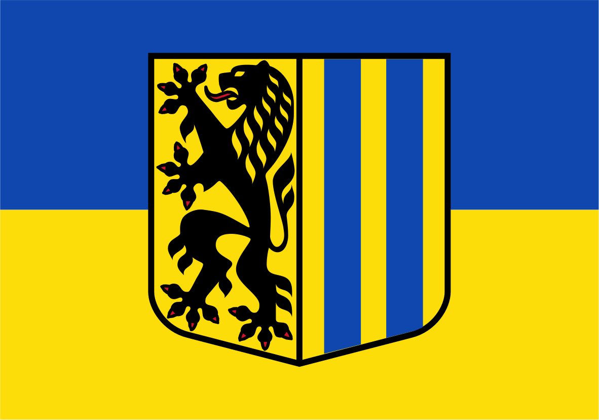 Leipzig Flag. A shield-shaped coat of arms centered on a two-color background, with a black lion rampant on yellow on the left half and blue vertical stripes on the right half. The background behind the shield is split horizontally into blue on top and yellow on bottom.