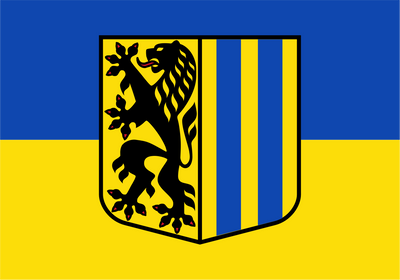 Leipzig Flag. A shield-shaped coat of arms centered on a two-color background, with a black lion rampant on yellow on the left half and blue vertical stripes on the right half. The background behind the shield is split horizontally into blue on top and yellow on bottom.