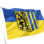 Leipzig Flag. A yellow and blue flag with a black heraldic shield featuring a black lion, attached to a white flagpole, shown on a plain white background.