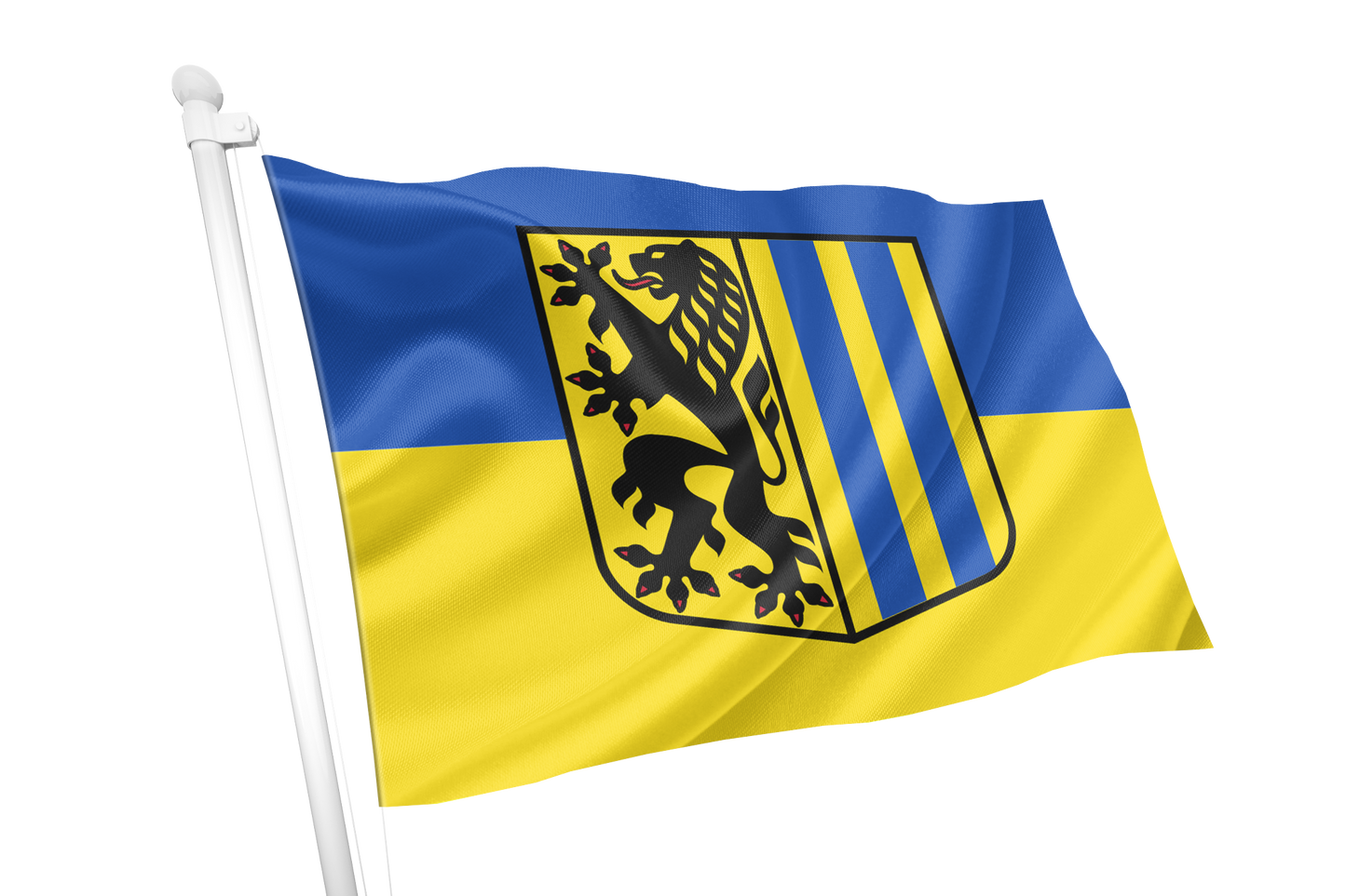 Leipzig Flag. A yellow and blue flag with a black heraldic shield featuring a black lion, attached to a white flagpole, shown on a plain white background.