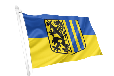 Leipzig Flag. A yellow and blue flag with a black heraldic shield featuring a black lion, attached to a white flagpole, shown on a plain white background.