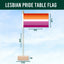 Lesbian pride table flag with dimensions and Flags Ireland logo on a blue background