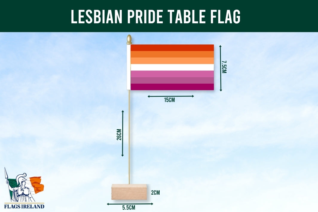 Lesbian pride table flag with dimensions and Flags Ireland logo on a blue background