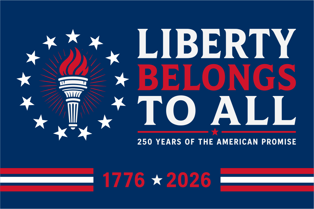 Political campaign poster with 'Liberty Belongs to All' and American flag design on a blue background.