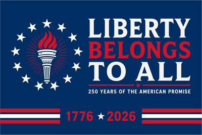 Political campaign poster with 'Liberty Belongs to All' and American flag design on a blue background.