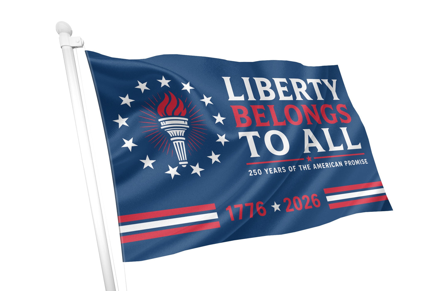 Flag with 'Liberty Belongs to All' text and design elements on a white background