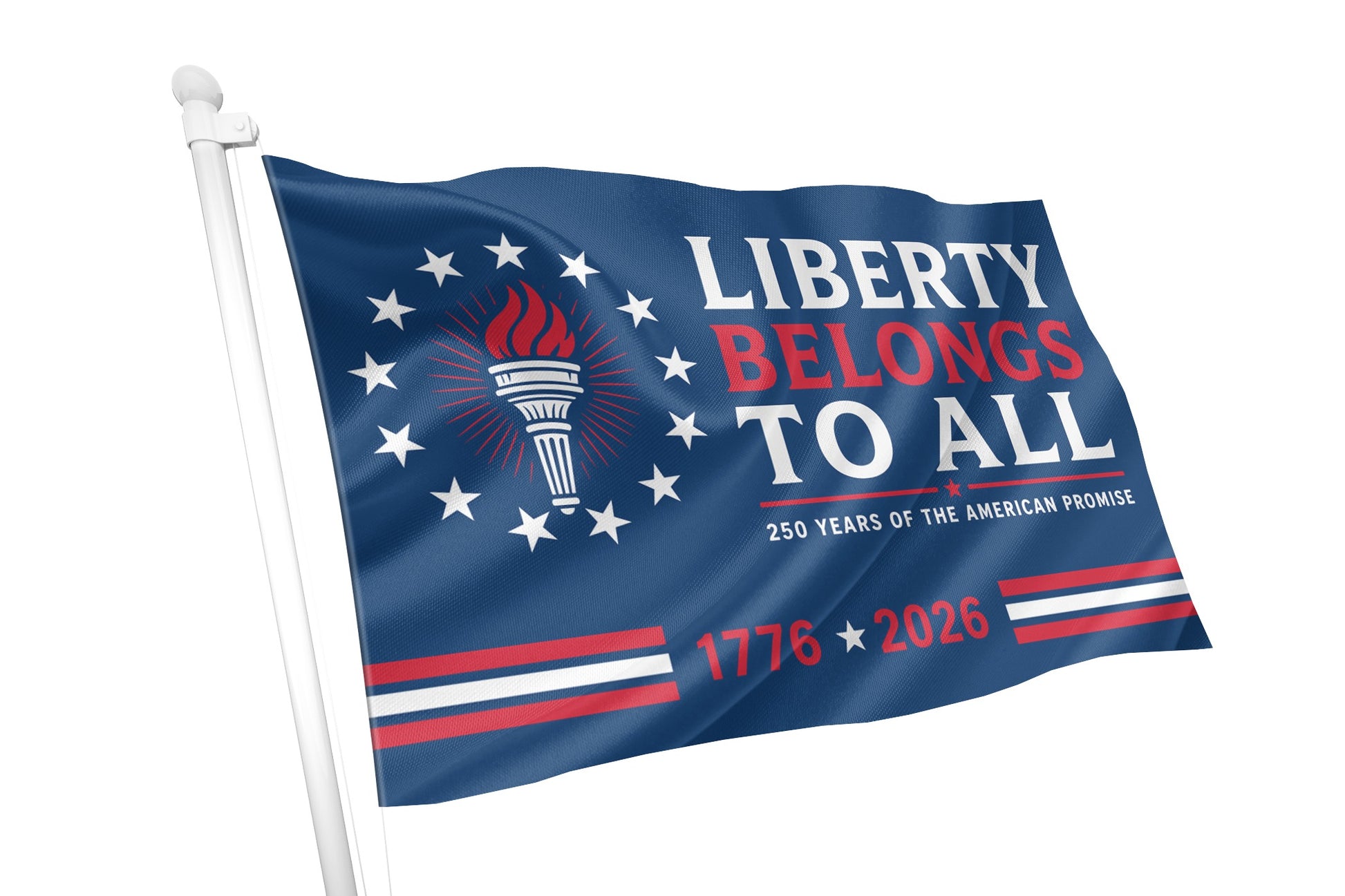 Flag with 'Liberty Belongs to All' text and design elements on a white background
