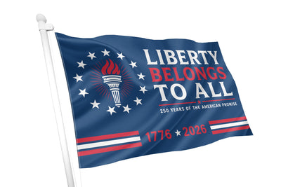 Flag with 'Liberty Belongs to All' text and design elements on a white background