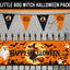 Halloween party decoration set featuring an orange and black 'Happy Halloween' banner with a witch, ghosts, pumpkins, and a scarecrow, along with matching orange and black triangular bunting flags, displayed against a spooky gray background with a fence.