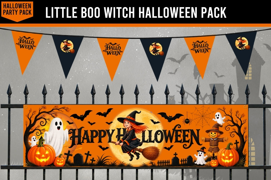 Halloween party decoration set featuring an orange and black 'Happy Halloween' banner with a witch, ghosts, pumpkins, and a scarecrow, along with matching orange and black triangular bunting flags, displayed against a spooky gray background with a fence.