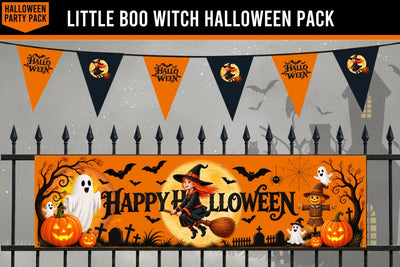 Halloween party decoration set featuring an orange and black 'Happy Halloween' banner with a witch, ghosts, pumpkins, and a scarecrow, along with matching orange and black triangular bunting flags, displayed against a spooky gray background with a fence.