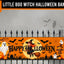 A Halloween-themed fence banner displayed on a black metal fence, featuring an orange background with a witch riding a broomstick, ghosts, pumpkins, bats, and the text 'Happy Halloween'.