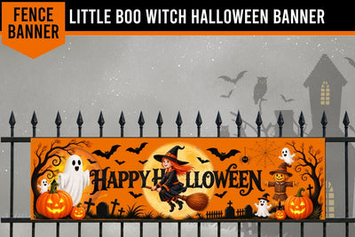 A Halloween-themed fence banner displayed on a black metal fence, featuring an orange background with a witch riding a broomstick, ghosts, pumpkins, bats, and the text 'Happy Halloween'.