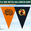 Halloween bunting banner with two triangular pennants. The left orange pennant features 'HALLOWEEN' in black gothic lettering with bat silhouettes.
