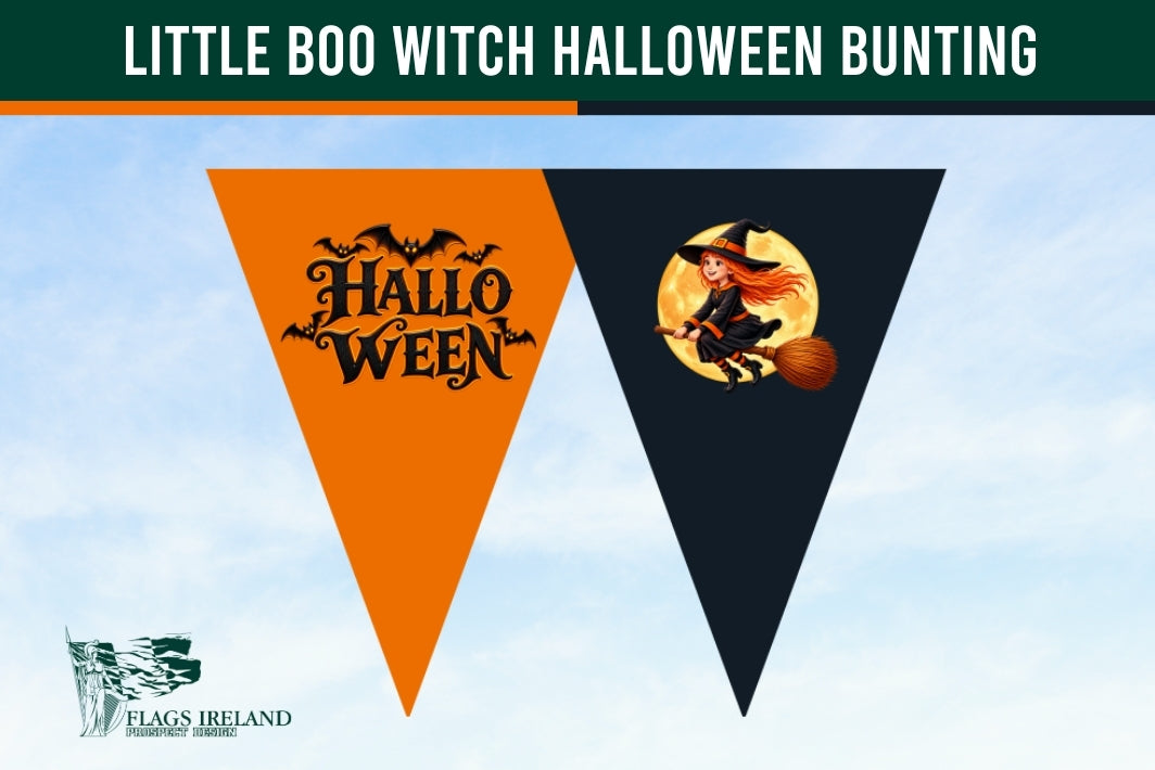 Halloween bunting banner with two triangular pennants. The left orange pennant features 'HALLOWEEN' in black gothic lettering with bat silhouettes.