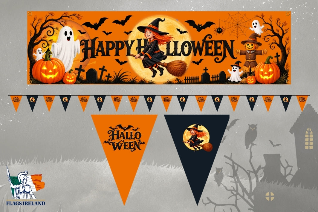 Halloween-themed flag and banner set shown on a gray background. The set includes a large rectangular orange banner with a witch riding a broomstick in front of a full moon, pumpkins, ghosts, bats, and the words “Happy Halloween,” plus a string of small triangular pennant flags below.