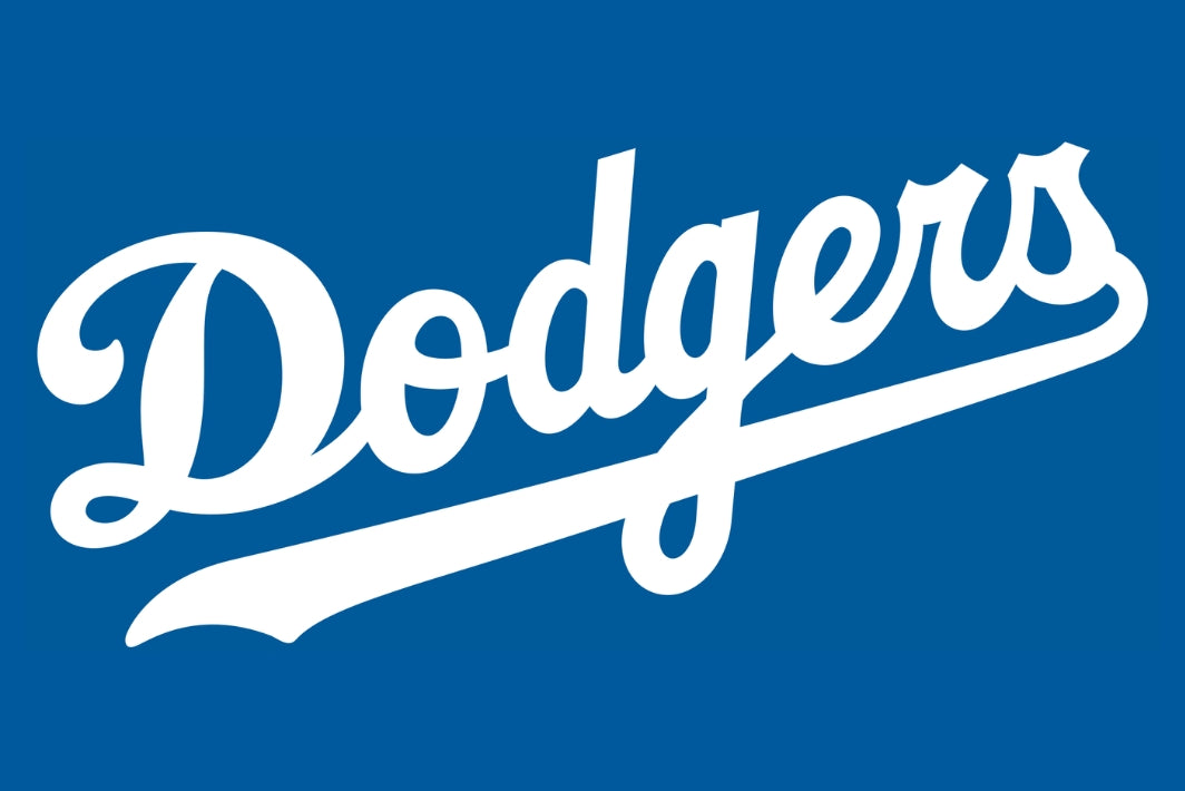 White 'Dodgers' logo on a blue background